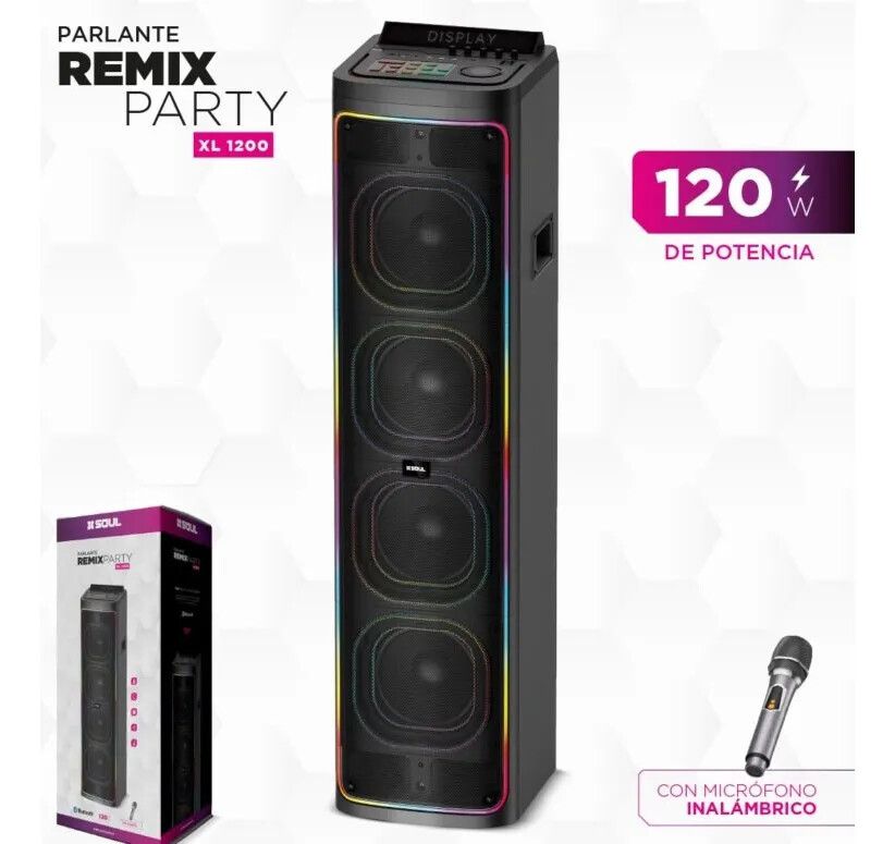 Parlante Soul - REMIX PARTY - XL1200 - 120W 8''X4 Luz Led / Btt / Usb / Msd / Radio Parlante Soul - REMIX PARTY - XL1200 - 120W 8''X4 Luz Led / Btt / Usb / Msd / Radio