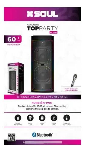 Parlante Soul - TOP PARTY - XL1000 - 60W 8''X2 Luz Led / Btt / Usb / Msd / Radio Parlante Soul - TOP PARTY - XL1000 - 60W 8''X2 Luz Led / Btt / Usb / Msd / Radio