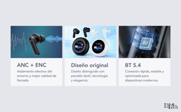 Earbuds Bluetooth C/ Base Pantalla - ANC - Comandos IA- LYONiTECH