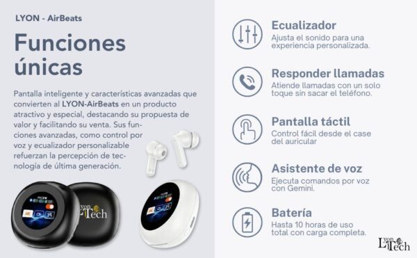 Earbuds Bluetooth C/ Base Pantalla - ANC - Comandos IA- LYONiTECH