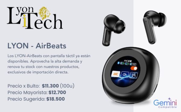 Earbuds Bluetooth C/ Base Pantalla - ANC - Comandos IA- LYONiTECH