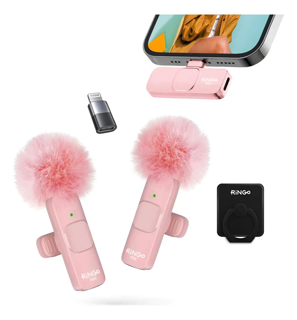 Ringo Mic Doble con cubreviento con ficha C + adaptador Lighting - x 1 (Rosa)