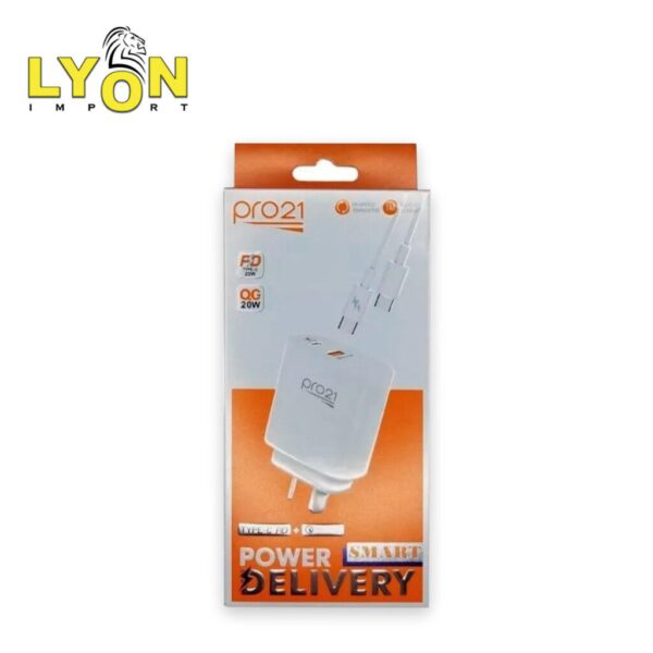 Cargador Cabezal Entrada Tipo-C + USB Turbo Charge PD 20W c/ Cable