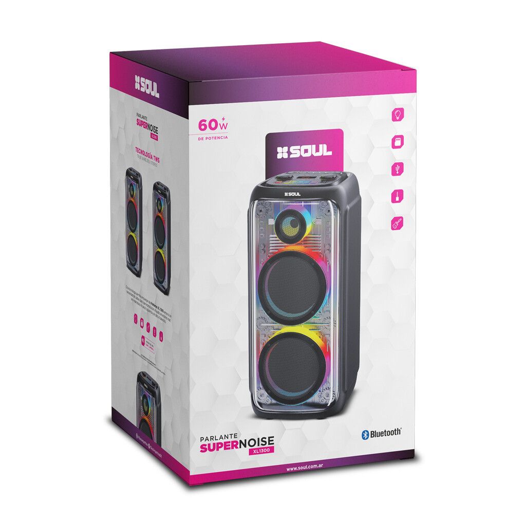 Parlante Soul - SUPER NOISE - XL1300  - 60W  8''X2 Luz Led / Btt / Usb / Msd / Radio --
