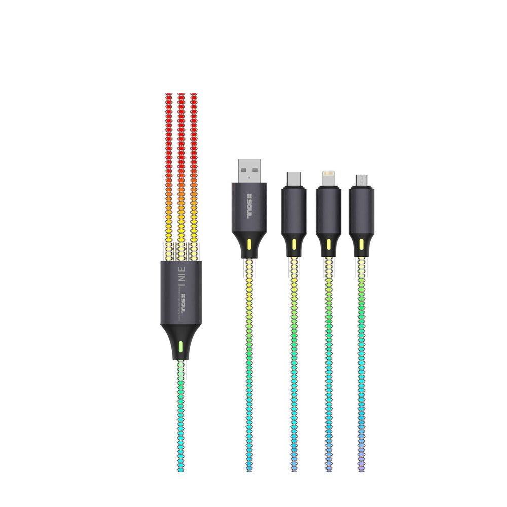 Cable USB RGB 3EN1 60W PD Tipo-C  / Lightning / Micro USB Marca SOUL --