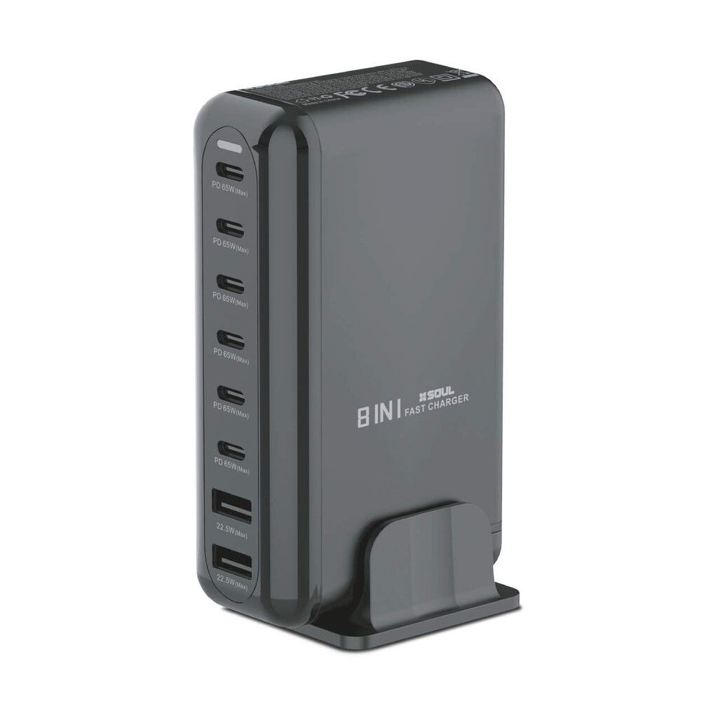 Cargador USB 8en1 60W+22.5W USB-C x5 / USB-A x3 Negro