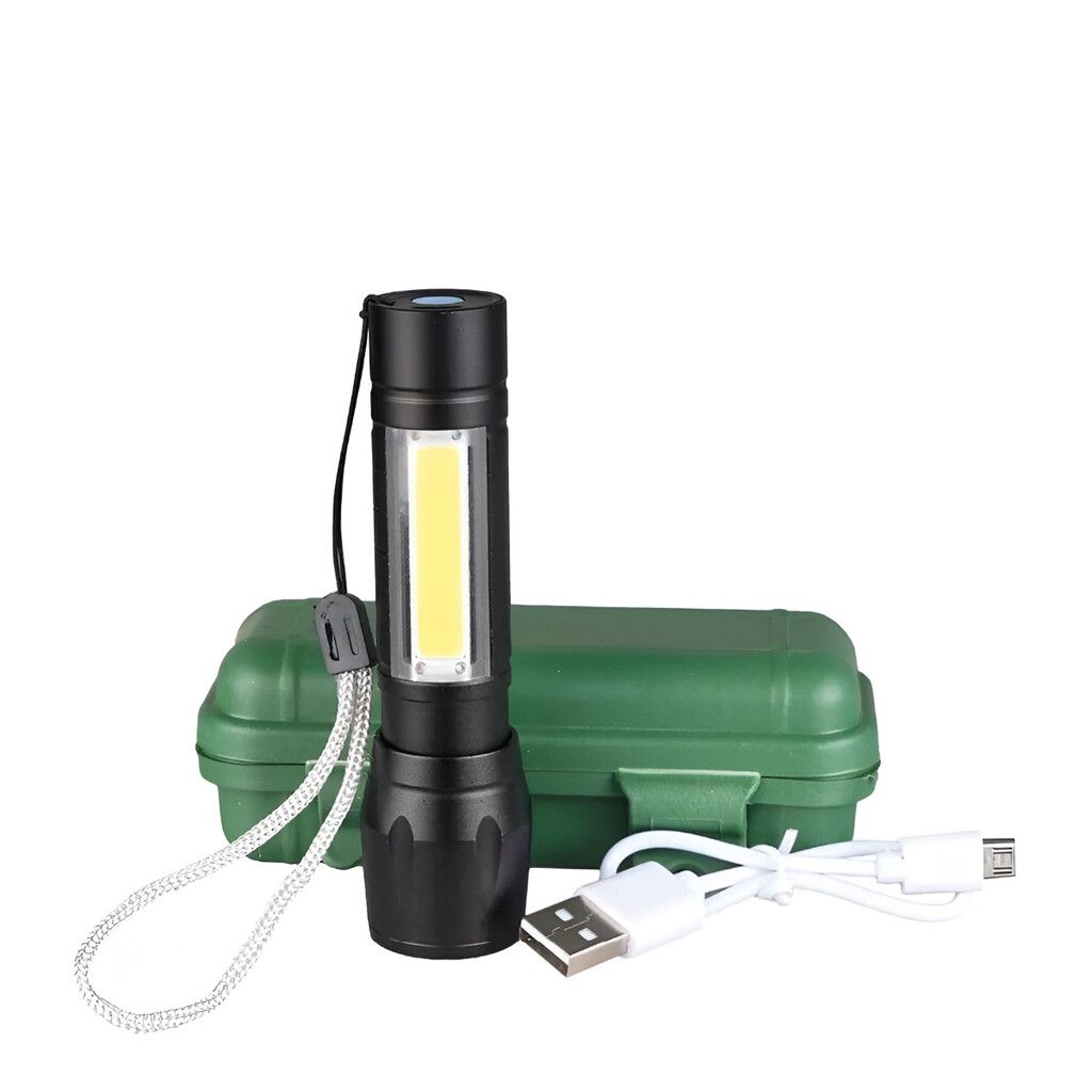 Linterna Tactica LED Negra con Zoom y Estuche -- Recargable
