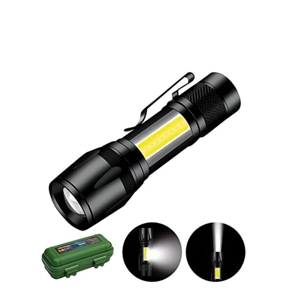 Linterna Tactica LED Negra con Zoom y Estuche -- Recargable